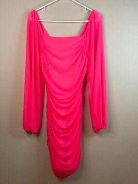 MEROKEETY Hot Pink Long Sleeve Square Neck Mesh Bodycon Midi Dress Size M 8-10